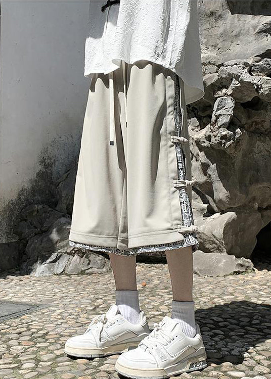 Art Beige Print Button Patchwork Cotton Crop Pants Summer