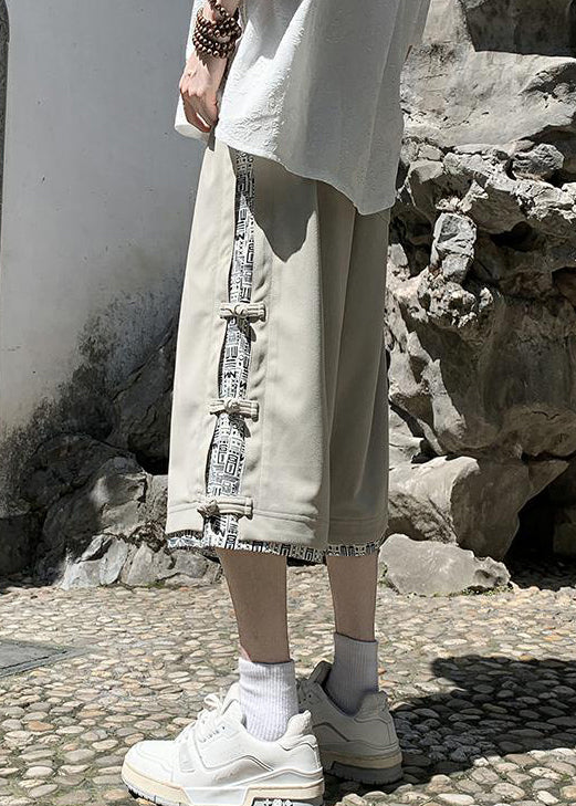 Art Beige Print Button Patchwork Cotton Crop Pants Summer