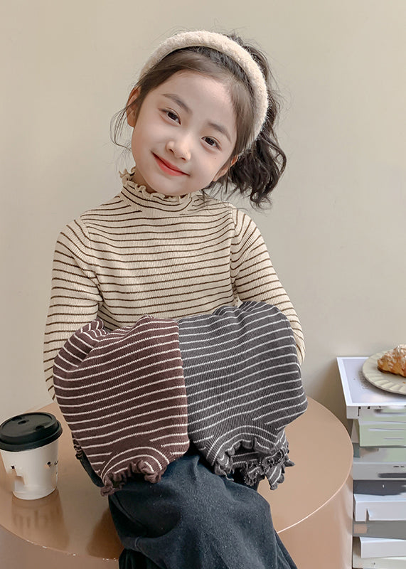 Art Beige Turtleneck Ruffled Striped Cotton Knit Sweaters Spring