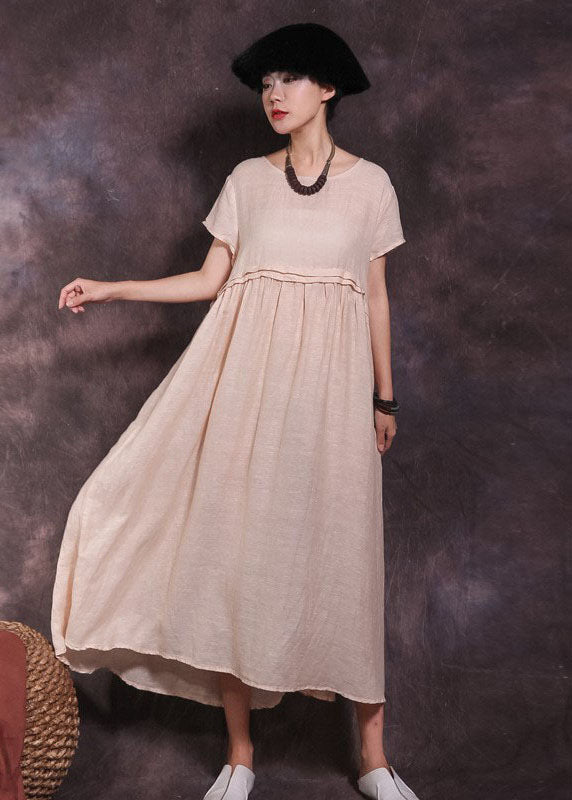 Art Beige Wrinkled Patchwork Cotton Long Dress Short Sleeve