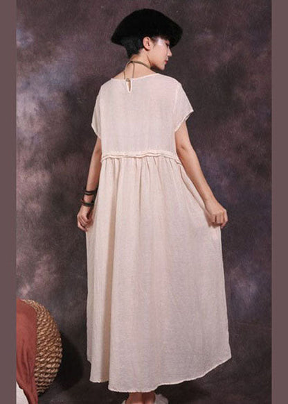 Art Beige Wrinkled Patchwork Cotton Long Dress Short Sleeve