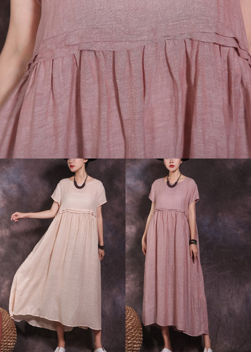 Art Beige Wrinkled Patchwork Cotton Long Dress Short Sleeve