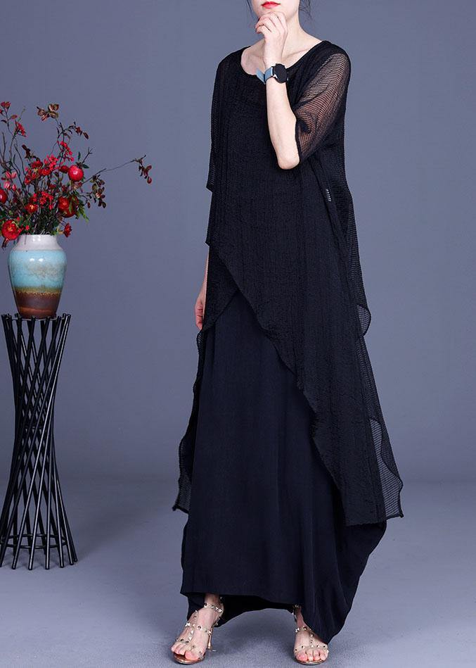 Art Black Asymmetrical O-neck Summer Dresses Two Pieces Set