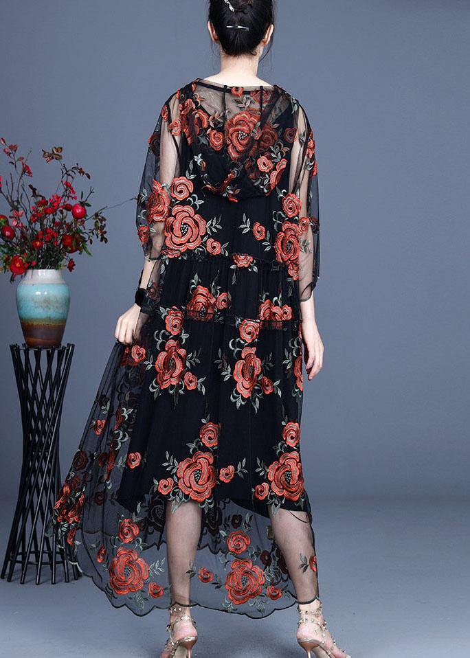 Art Black Embroideried Tulle Hooded Two Pieces Set
