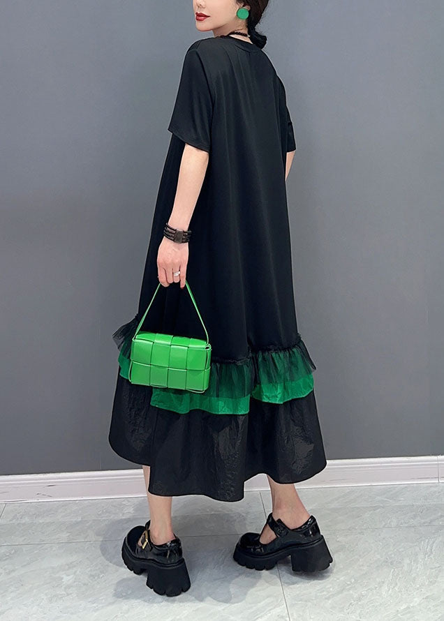 Art Black Patchwork Ruffles Cotton Long Dresses Summer