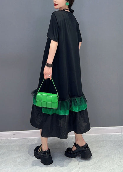 Art Black Patchwork Ruffles Cotton Long Dresses Summer