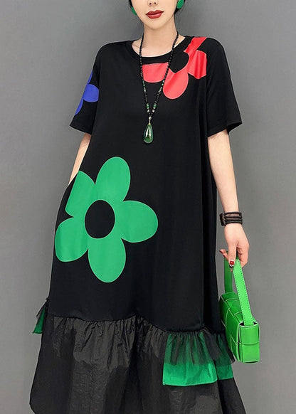 Art Black Patchwork Ruffles Cotton Long Dresses Summer