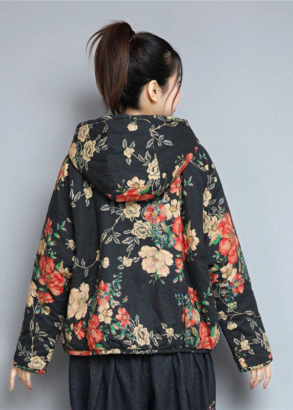 Art Black Hooded Pockets Print Fine Cotton Filled Coats Winter