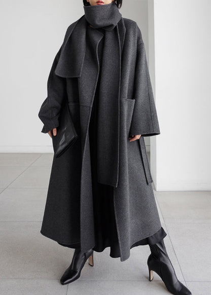 Art Grey Notched Pockets Woolen Coats Long Sleeve