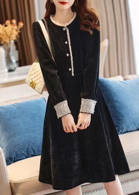 Art Black O-neck Lace Patchwork Thick Corduroy Maxi Dresses Spring