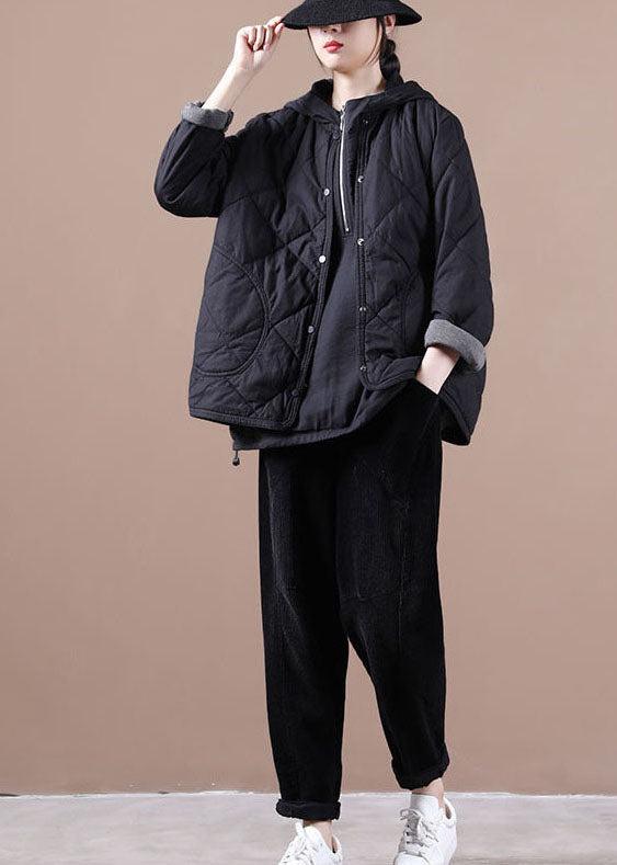 Art Black O-neck Oversized Fine Cotton Filled Coat Winter