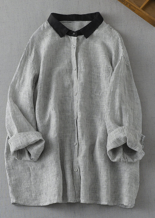 Art Black Oversized Striped Linen Blouses Summer