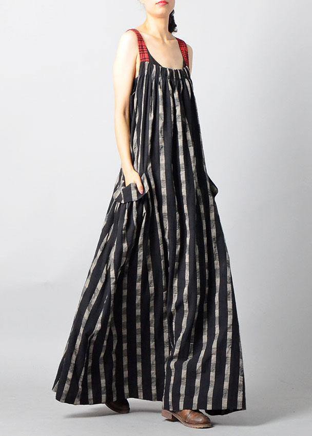 Art Black Plaid Patchwork Pockets Cotton Linen Summer Maxi Dresses