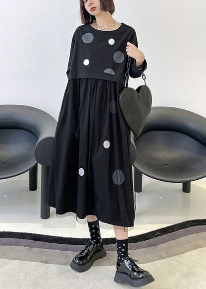 Art Black Pockets Patchwork Tulle Print Fall Vacation Dresses Long Sleeve