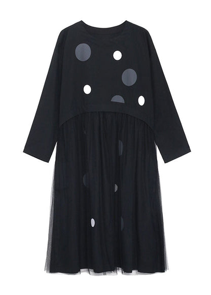 Art Black Pockets Patchwork Tulle Print Fall Vacation Dresses Long Sleeve