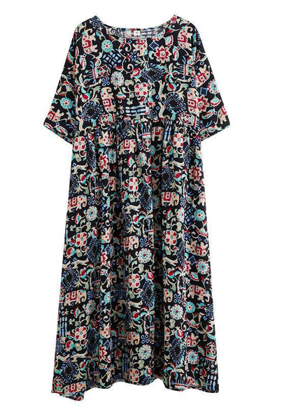 Art Black Print Loose O-neck Summer Half Sleeve Dresses
