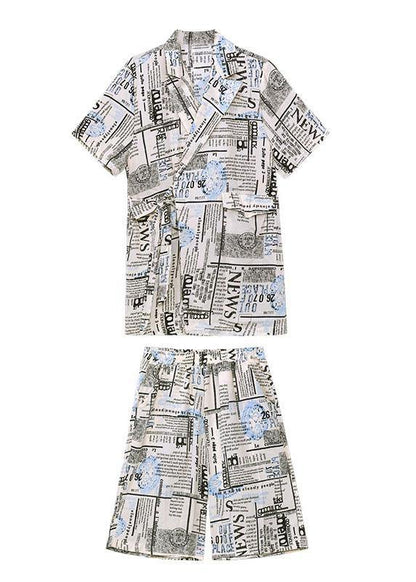 Art Black Print Summer Cinched Linen Short Sleeve Two Piece Suit Set
