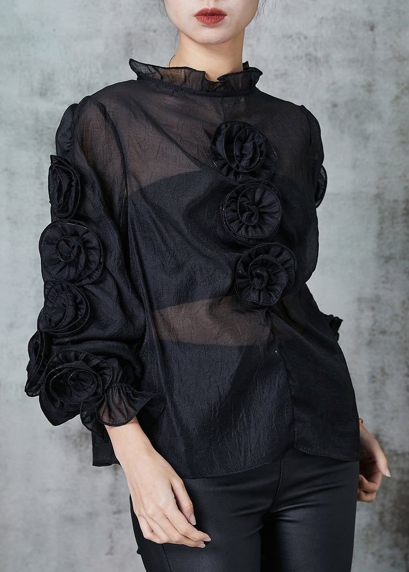 Art Black Ruffled Chiffon Shirt Spring