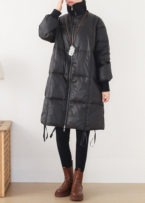 Art Black Stand Collar Drawstring Zippered Cotton Blend Long Down Coats Winter