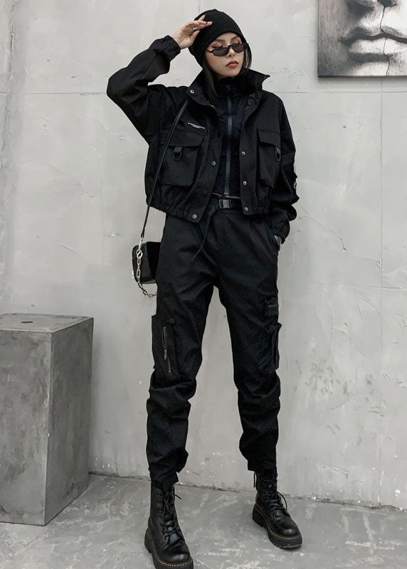 Art Black Stand Collar Pockets Button Fall Coat Long Sleeve