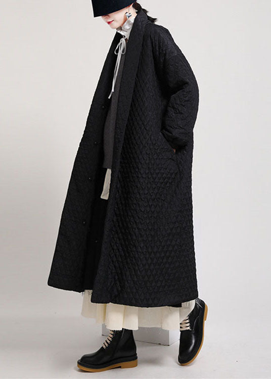 Art Black V Neck Pockets Button Winter Cotton Long Sleeve Coat