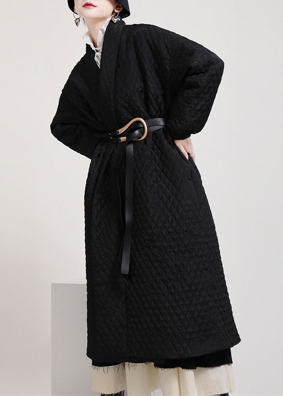 Art Black V Neck Pockets Button Winter Cotton Long Sleeve Coat