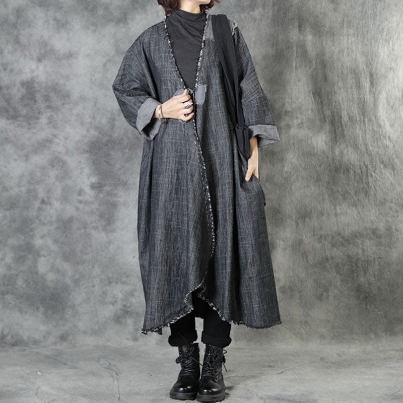 Art Black V Neck Pockets Patchwork Fall Asymmetrical Design Coats Long Sleeve