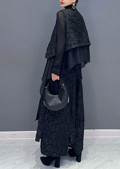 Art Black V Neck Print Waistcoat and Wide Leg Pants Two Pieces Set Fall