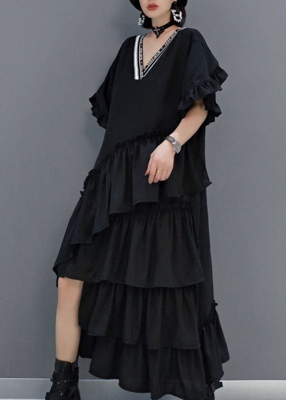 Art Black V Neck Ruffled Asymmetrical Long Dress Spring