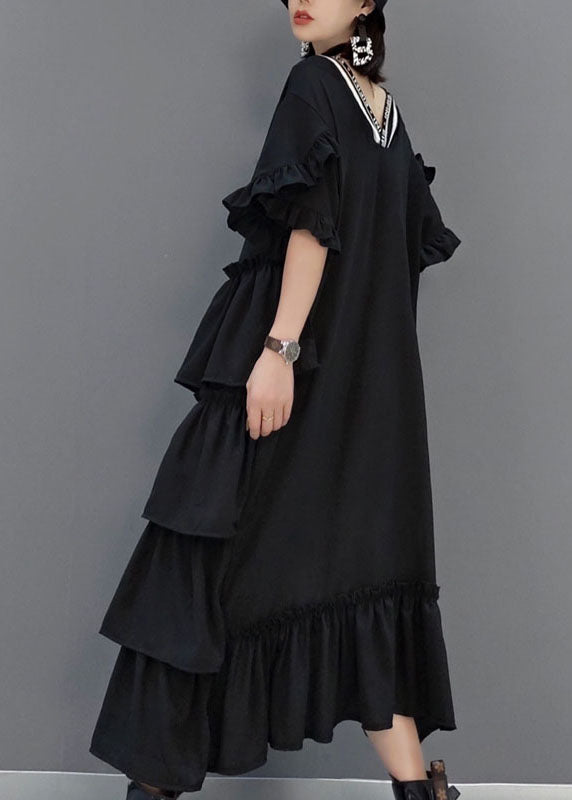 Art Black V Neck Ruffled Asymmetrical Long Dress Spring