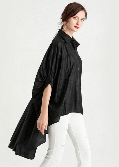 Art Black Wrinkled Button Summer Cotton Shirt Half Sleeve Top