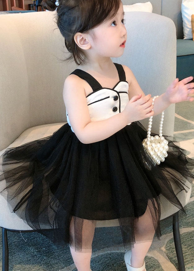 Art Black Wrinkled Patchwork Tulle Kids Dress Sleeveless