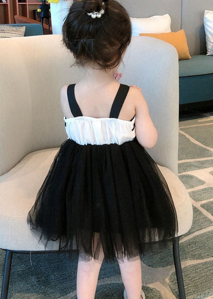 Art Black Wrinkled Patchwork Tulle Kids Dress Sleeveless