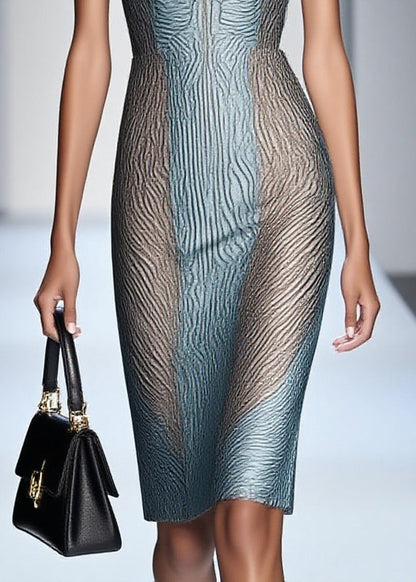 Art Blue Deep-v Neck Print Silk Work Dress Sleeveless