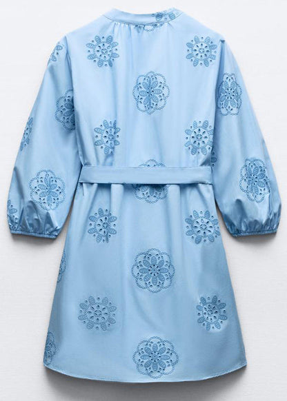 Art Blue Embroidered Hollow Out Tie Waist Cotton Mid Dress Half Sleeve