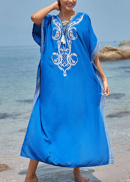 Art Blue Embroideried Side Open Maxi Holiday Dress Short Sleeve