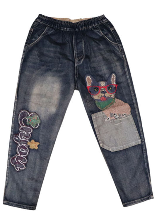 Art Blue Embroideried Pockets Denim Pants Spring