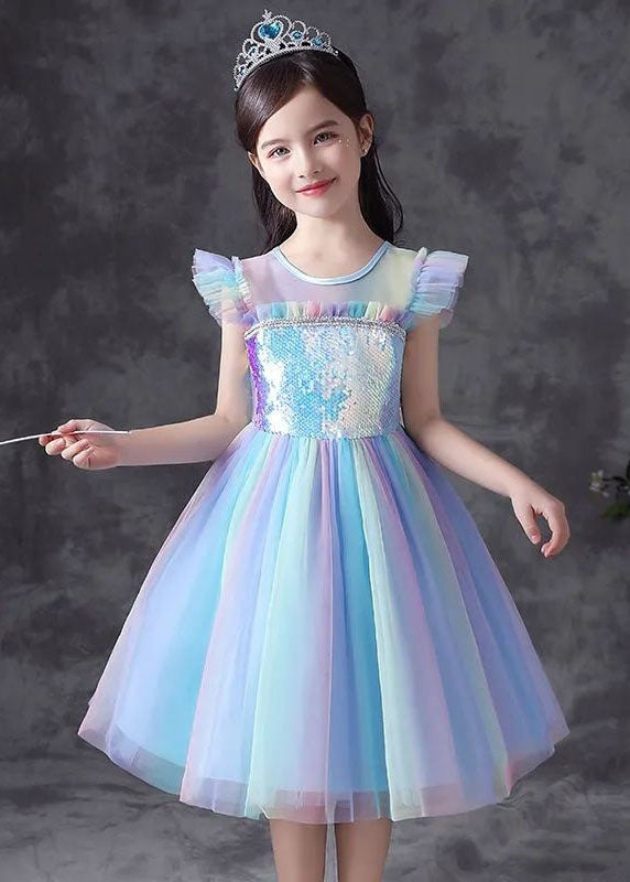 Art Blue Gradient Ruffled Sequins Patchwork Tulle Kids Dresses Summer