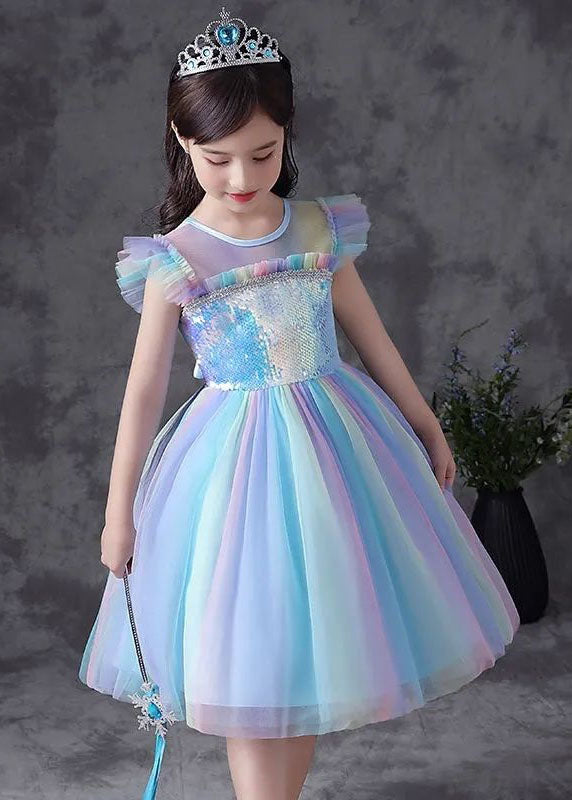 Art Blue Gradient Ruffled Sequins Patchwork Tulle Kids Dresses Summer