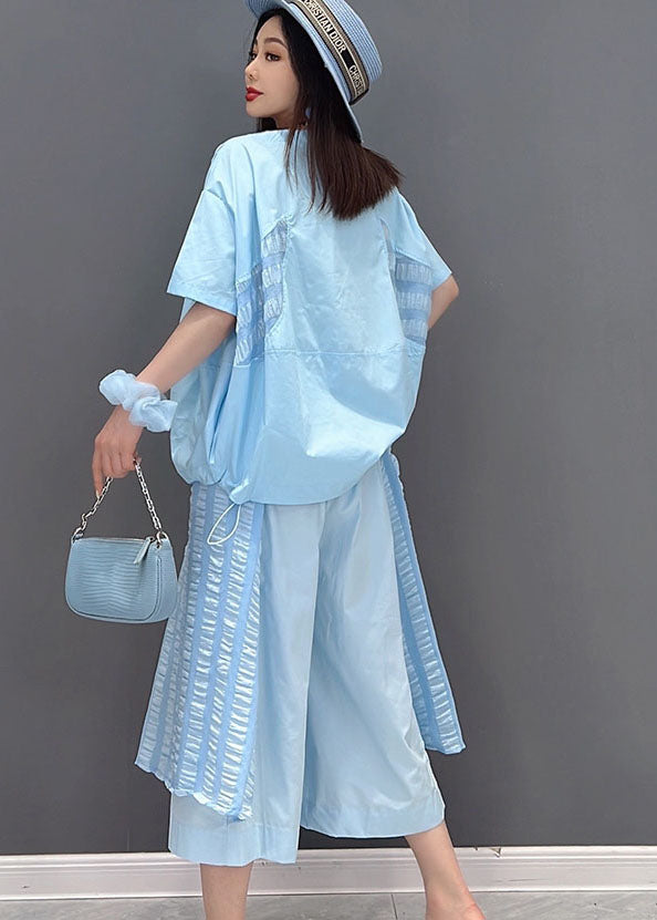 Art Blue O-neck Patchwork Wrinkled Tops and Wide Leg Pants 2 Piece Outfit Summer