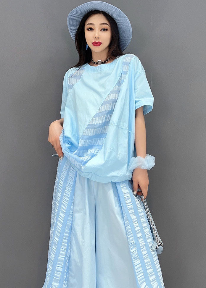 Art Blue O-neck Patchwork Wrinkled Tops and Wide Leg Pants 2 Piece Outfit Summer