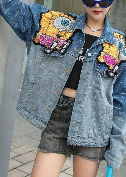 Art Blue Peter Pan Collar Patchwork Button Nail Bead Fall Denim Coat