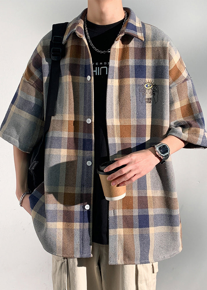 Art Blue Plaid Letter Cotton Shirts Peter Pan Collar Half Sleeve