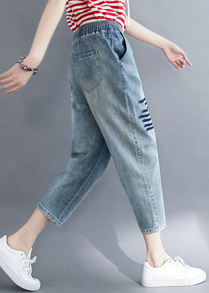 Art Blue Pockets Elastic Waist Patchwork Denim Crop Pants Summer