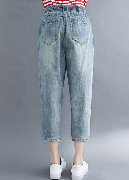 Art Blue Pockets Elastic Waist Patchwork Denim Crop Pants Summer