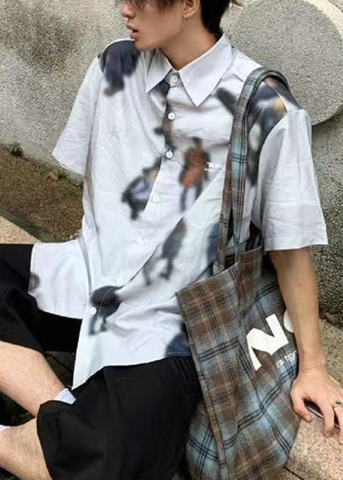 Art Blue Print Button Cotton Shirts Summer