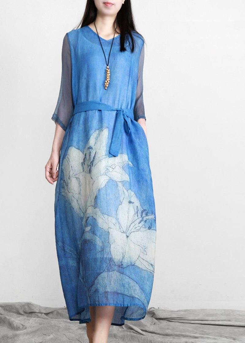 Art Blue Print Linen Tunic Patchwork Dress