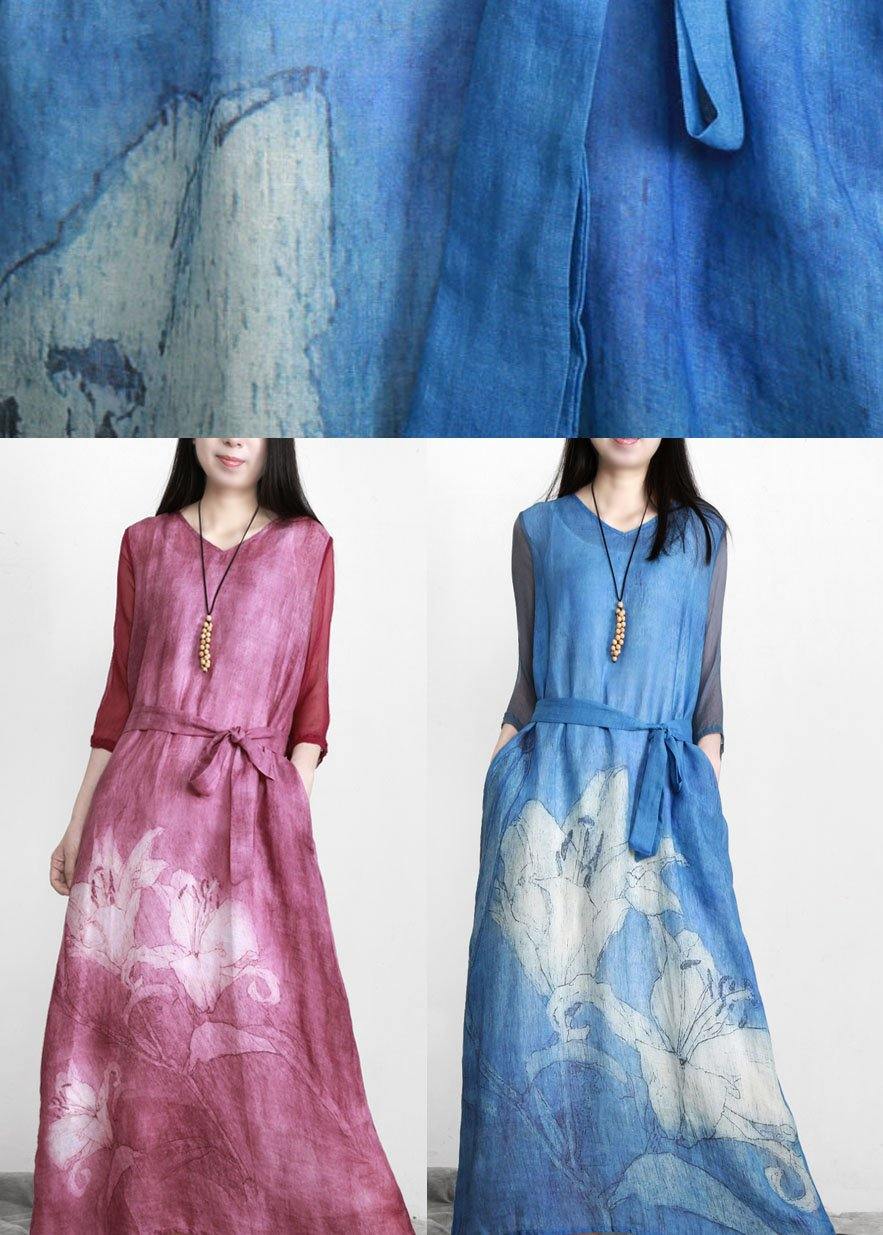 Art Blue Print Linen Tunic Patchwork Dress