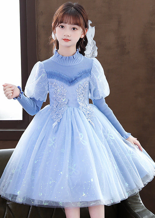 Art Blue Ruffled Sequins Patchwork Tulle Baby Party Dress Fall