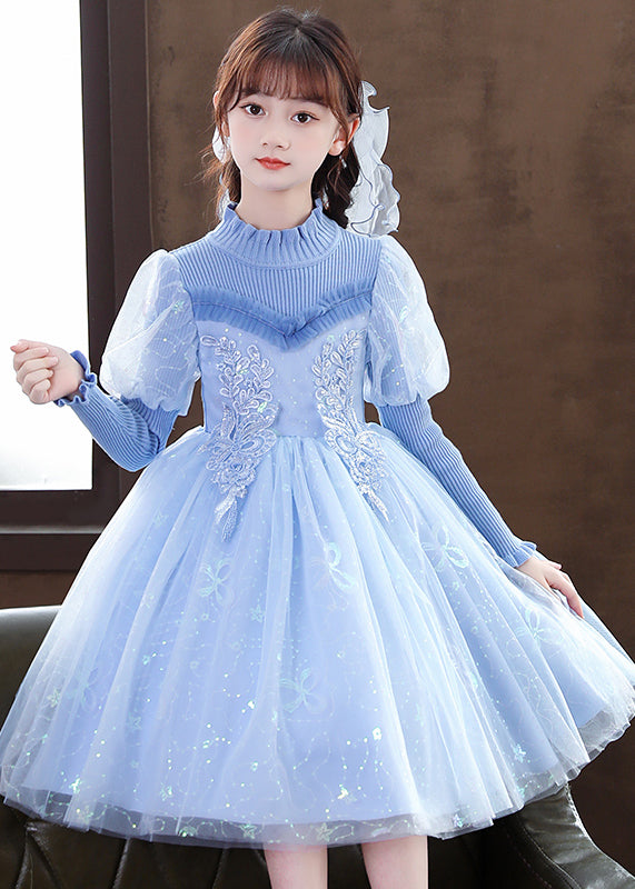Art Blue Ruffled Sequins Patchwork Tulle Baby Party Dress Fall